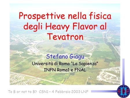 Stefano Giagu Università di Roma “La Sapienza” INFN Roma1 e FNAL To B or not to B? CSN1 – 4 Febbraio 2003 LNF Prospettive nella fisica degli Heavy Flavor.