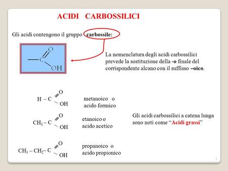 ACIDI CARBOSSILICI Gli acidi contengono il gruppo carbossile: