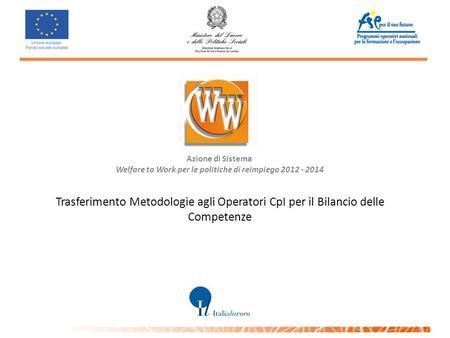 Azione di Sistema Welfare to Work per le politiche di reimpiego 2012 - 2014 Trasferimento Metodologie agli Operatori CpI per il Bilancio delle Competenze.