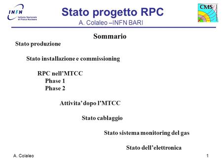A. Colaleo1 Stato produzione Stato installazione e commissioning RPC nell’MTCC Phase 1 Phase 2 Attivita’ dopo l’MTCC Stato cablaggio Stato sistema monitoring.