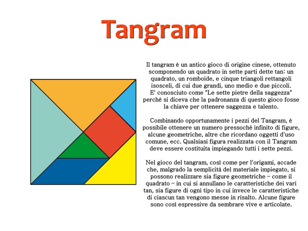 Tangram Il tangram è un antico gioco di origine cinese, ottenuto  scomponendo un quadrato in sette parti dette tan: un quadrato, un romboide,  e cinque. - ppt scaricare