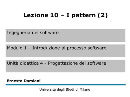 Ingegneria del software Modulo 1 -Introduzione al processo software Unità didattica 4 - Progettazione del software Ernesto Damiani Università degli Studi.