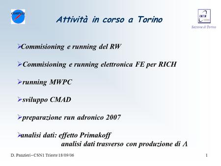 Sezione di Torino D. Panzieri - CSN1 Trieste 18/09/061 Attività in corso a Torino  Commisioning e running del RW  Commisioning e running elettronica.