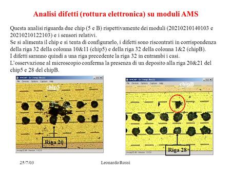 25/7/03Leonardo Rossi Analisi difetti (rottura elettronica) su moduli AMS Questa analisi riguarda due chip (5 e B) rispettivamente dei moduli (20210210140103.