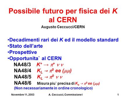 Novembre 11, 2003A. Ceccucci, Commissione I1 Possibile futuro per fisica dei K al CERN Augusto Ceccucci/CERN Decadimenti rari dei K ed il modello standard.
