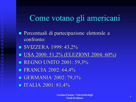 Luciano Fasano - Università degli Studi di Milano 1 Come votano gli americani Percentuali di partecipazione elettorale a confronto: Percentuali di partecipazione.