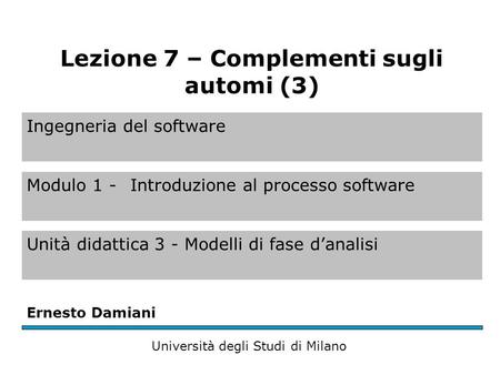 Ingegneria del software Modulo 1 - Introduzione al processo software Unità didattica 3 - Modelli di fase d’analisi Ernesto Damiani Università degli Studi.