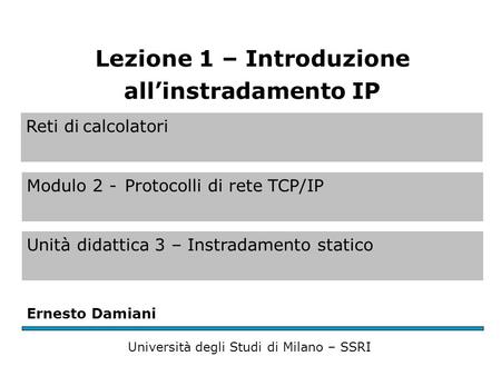 Reti di calcolatori Modulo 2 -Protocolli di rete TCP/IP Unità didattica 3 – Instradamento statico Ernesto Damiani Università degli Studi di Milano – SSRI.