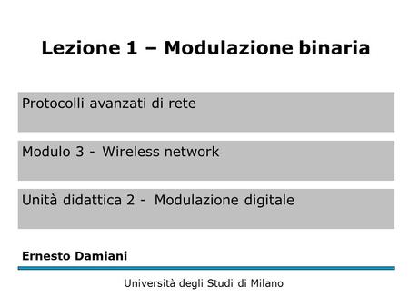 Protocolli avanzati di rete Modulo 3 -Wireless network Unità didattica 2 -Modulazione digitale Ernesto Damiani Università degli Studi di Milano Lezione.