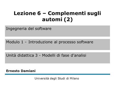 Ingegneria del software Modulo 1 -Introduzione al processo software Unità didattica 3 - Modelli di fase d’analisi Ernesto Damiani Università degli Studi.
