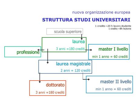 STRUTTURA STUDI UNIVERSITARI nuova organizzazione europea STRUTTURA STUDI UNIVERSITARI scuola superiore laurea 3 anni =180 crediti laurea magistrale 2.