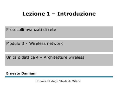Protocolli avanzati di rete Modulo 3 -Wireless network Unità didattica 4 – Architetture wireless Ernesto Damiani Università degli Studi di Milano Lezione.