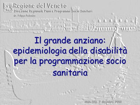 Il grande anziano: epidemiologia della disabilità per la programmazione socio sanitaria Malo (Vi) 7 dicembre 2002.