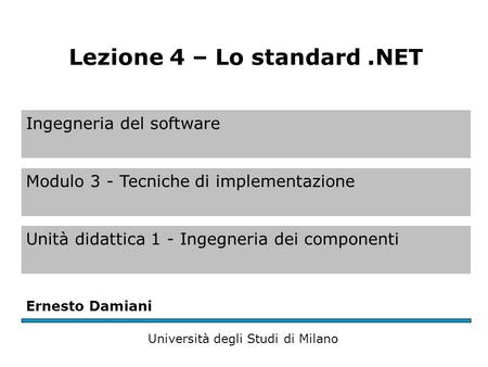 Ingegneria del software Modulo 3 - Tecniche di implementazione Unità didattica 1 - Ingegneria dei componenti Ernesto Damiani Università degli Studi di.