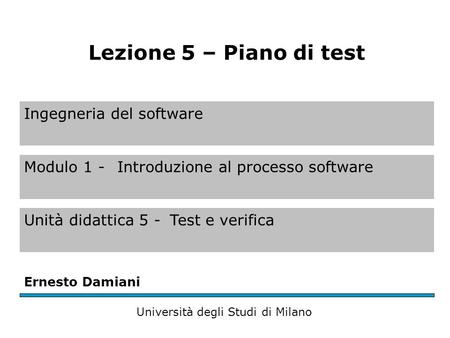 Ingegneria del software Modulo 1 - Introduzione al processo software Unità didattica 5 -Test e verifica Ernesto Damiani Università degli Studi di Milano.