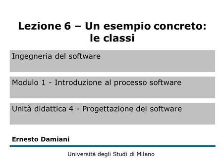 Ingegneria del software Modulo 1 - Introduzione al processo software Unità didattica 4 - Progettazione del software Ernesto Damiani Università degli Studi.