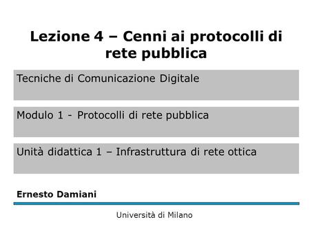 Tecniche di Comunicazione Digitale Modulo 1 -Protocolli di rete pubblica Unità didattica 1 – Infrastruttura di rete ottica Ernesto Damiani Università di.