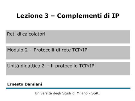 Reti di calcolatori Modulo 2 -Protocolli di rete TCP/IP Unità didattica 2 – Il protocollo TCP/IP Ernesto Damiani Università degli Studi di Milano - SSRI.