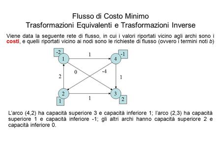 Flusso di Costo Minimo Trasformazioni Equivalenti e Trasformazioni Inverse Viene data la seguente rete di flusso, in cui i valori riportati vicino agli.