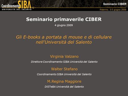 Seminario CIBER Palermo, 3-5 giugno 2009 Virginia Valzano Direttore Coordinamento SIBA Università del Salento Walter Stefano Coordinamento SIBA Università.