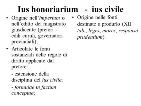 Ius honoriarium - ius civile Origine nell’imperium o nell’editto del magistrato giusdicente (pretori - edili curuli, governatori provinciali); Articolate.