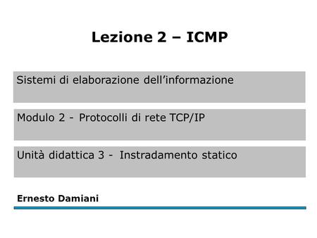 Sistemi di elaborazione dell’informazione Modulo 2 -Protocolli di rete TCP/IP Unità didattica 3 -Instradamento statico Ernesto Damiani Lezione 2 – ICMP.