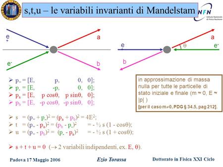 Dottorato in Fisica XXI Ciclo Padova 17 Maggio 2006 Ezio Torassa in approssimazione di massa nulla per tutte le particelle di stato iniziale e finale (m.