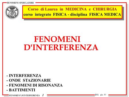 FENOMENI D'INTERFERENZA FENOMENI ONDULATORI D.S. giu. 95 1 FENOMENI D'INTERFERENZA - INTERFERENZA - ONDE STAZIONARIE - FENOMENI DI RISONANZA - BATTIMENTI.