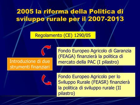 2005 la riforma della Politica di sviluppo rurale per il 2007-2013 Regolamento (CE) 1290/05 Introduzione di due strumenti finanziari Fondo Europeo Agricolo.