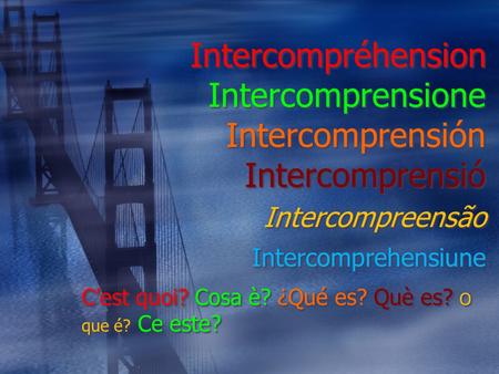 Intercompréhension Intercomprensione Intercomprensión Intercomprensió Intercompreensão Intercomprehensiune C’est quoi? Cosa è? ¿Qué es? Què es? O que é?
