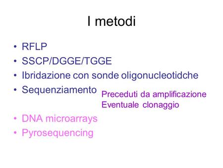I metodi RFLP SSCP/DGGE/TGGE Ibridazione con sonde oligonucleotidche