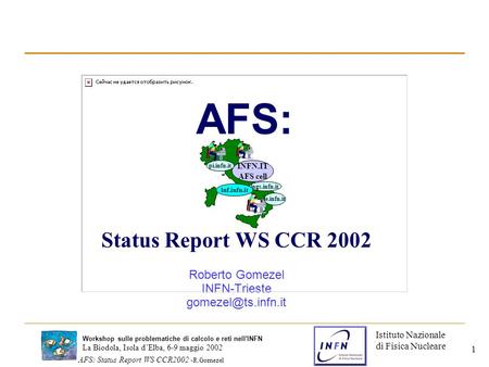 Istituto Nazionale di Fisica Nucleare La Biodola, Isola d’Elba, 6-9 maggio 2002 AFS: Status Report WS CCR2002 - R.Gomezel Workshop sulle problematiche.