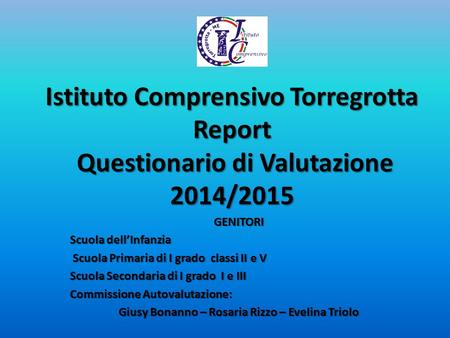 Istituto Comprensivo Torregrotta Report Questionario di Valutazione 2014/2015 GENITORI Scuola dell’Infanzia Scuola Primaria di I grado classi II e V Scuola.