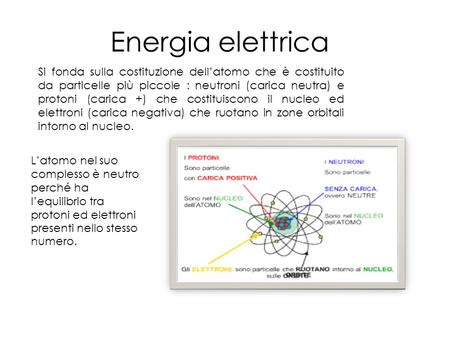 Energia elettrica Si fonda sulla costituzione dell’atomo che è costituito da particelle più piccole : neutroni (carica neutra) e protoni (carica +) che.
