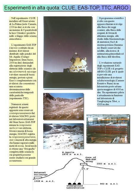 Esperimenti in alta quota: CLUE, EAS-TOP, TTC, ARGO Nell’esperimento CLUE installato all’Osservatorio di La Palma (isole Canarie, 2200 m slm) si rivela.