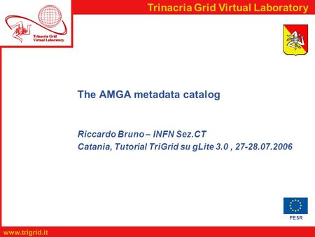 FESR www.trigrid.it Trinacria Grid Virtual Laboratory The AMGA metadata catalog Riccardo Bruno – INFN Sez.CT Catania, Tutorial TriGrid su gLite 3.0, 27-28.07.2006.