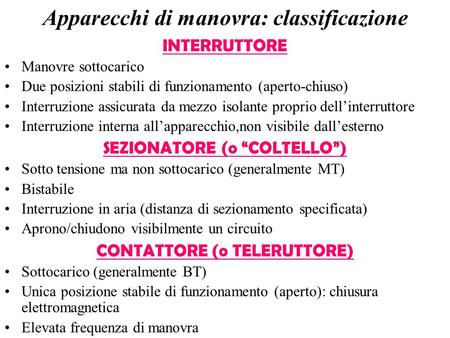 Apparecchi di manovra: classificazione