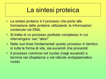 La sintesi proteica La sintesi proteica è il processo che porta alla formazione delle proteine utilizzando le informazioni contenute nel DNA. Si tratta.