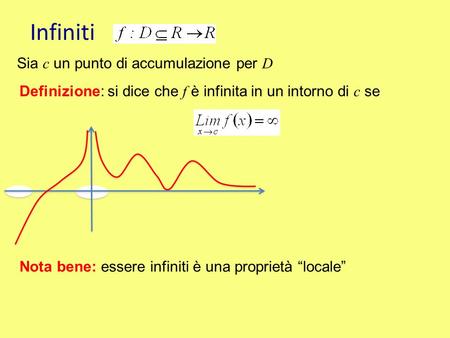 Infiniti Sia c un punto di accumulazione per D Definizione: si dice che f è infinita in un intorno di c se Nota bene: essere infiniti è una proprietà “locale”