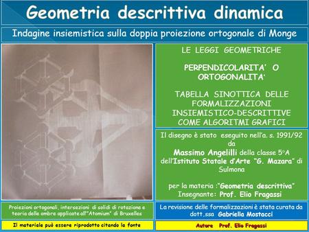 Indagine insiemistica sulla doppia proiezione ortogonale di Monge Autore Prof. Elio Fragassi Il materiale può essere riprodotto citando la fonte Il disegno.