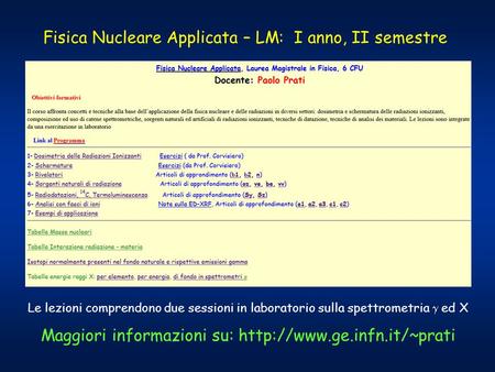 Fisica Nucleare Applicata – LM: I anno, II semestre Maggiori informazioni su:  Le lezioni comprendono due sessioni in laboratorio.