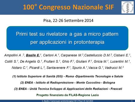 E. Basile / Camera per protonterapia / SIF / Pisa / 25 Set 2014 100° Congresso Nazionale SIF Pisa, 22-26 Settembre 2014 Primi test su rivelatore a gas.