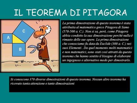 IL TEOREMA DI PITAGORA La prima dimostrazione di questo teorema è stata attribuita al matematico greco Pitagora di Samo (570-500 a. C.). Non si sa, però,