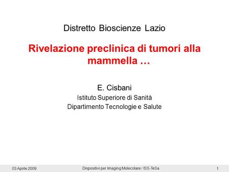 03 Aprile 2009 Dispositivi per Imaging Molecolare / ISS-TeSa 1 Distretto Bioscienze Lazio Rivelazione preclinica di tumori alla mammella … E. Cisbani Istituto.