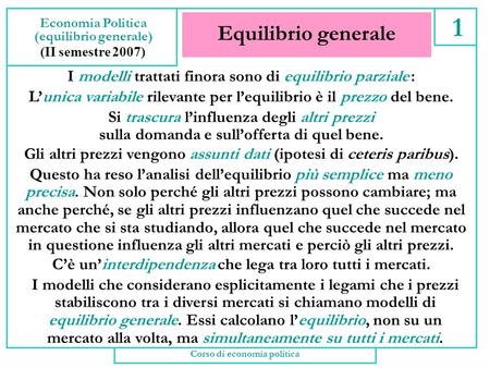 (equilibrio generale) Corso di economia politica