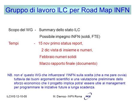 ILCWG 12-10-05M. Diemoz - INFN Roma Gruppo di lavoro ILC per Road Map INFN Scopo del WG - Summary dello stato ILC Possibile impegno INFN (soldi, FTE) Tempi.