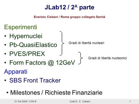 JLab12 / 2 A parte Esperimenti Hypernuclei Pb-QuasiElastico PVES/PREX Form 12GeV Apparati SBS Front Tracker Milestones / Richieste Finanziarie.