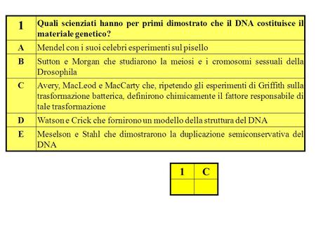 1 Quali scienziati hanno per primi dimostrato che il DNA costituisce il materiale genetico? A Mendel con i suoi celebri esperimenti sul pisello B Sutton.