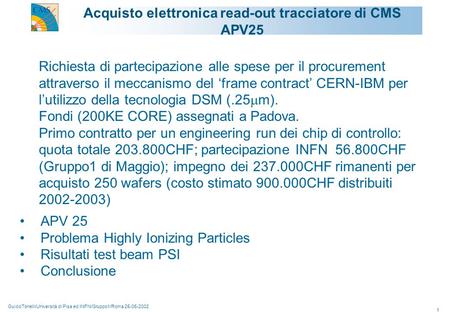 GuidoTonelli/Università di Pisa ed INFN/Gruppo1/Roma 25-06-2002 1 Richiesta di partecipazione alle spese per il procurement attraverso il meccanismo del.