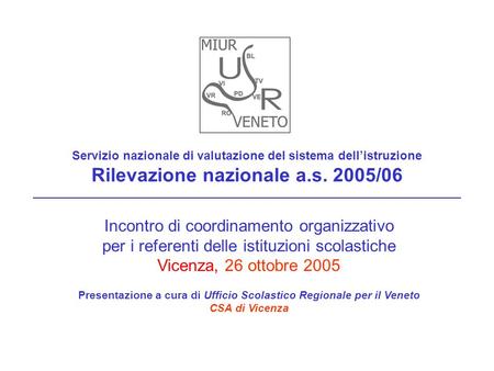 Servizio nazionale di valutazione del sistema dellistruzione Rilevazione nazionale a.s. 2005/06 Incontro di coordinamento organizzativo per i referenti.